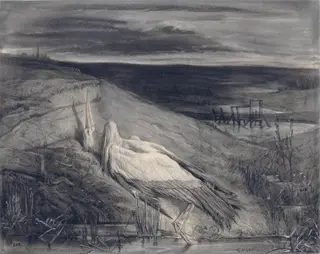 A dead stork on the bank of a stream, by Eyre Crowe, 1860