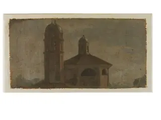The Upper Section of a Church with a Hexagonal Dome and Two Towers, by Luca Carlevarijs, oil, 1700
