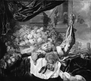 A Hare, Partridges, and Fruit, by Jan Fyt, oil, 1636