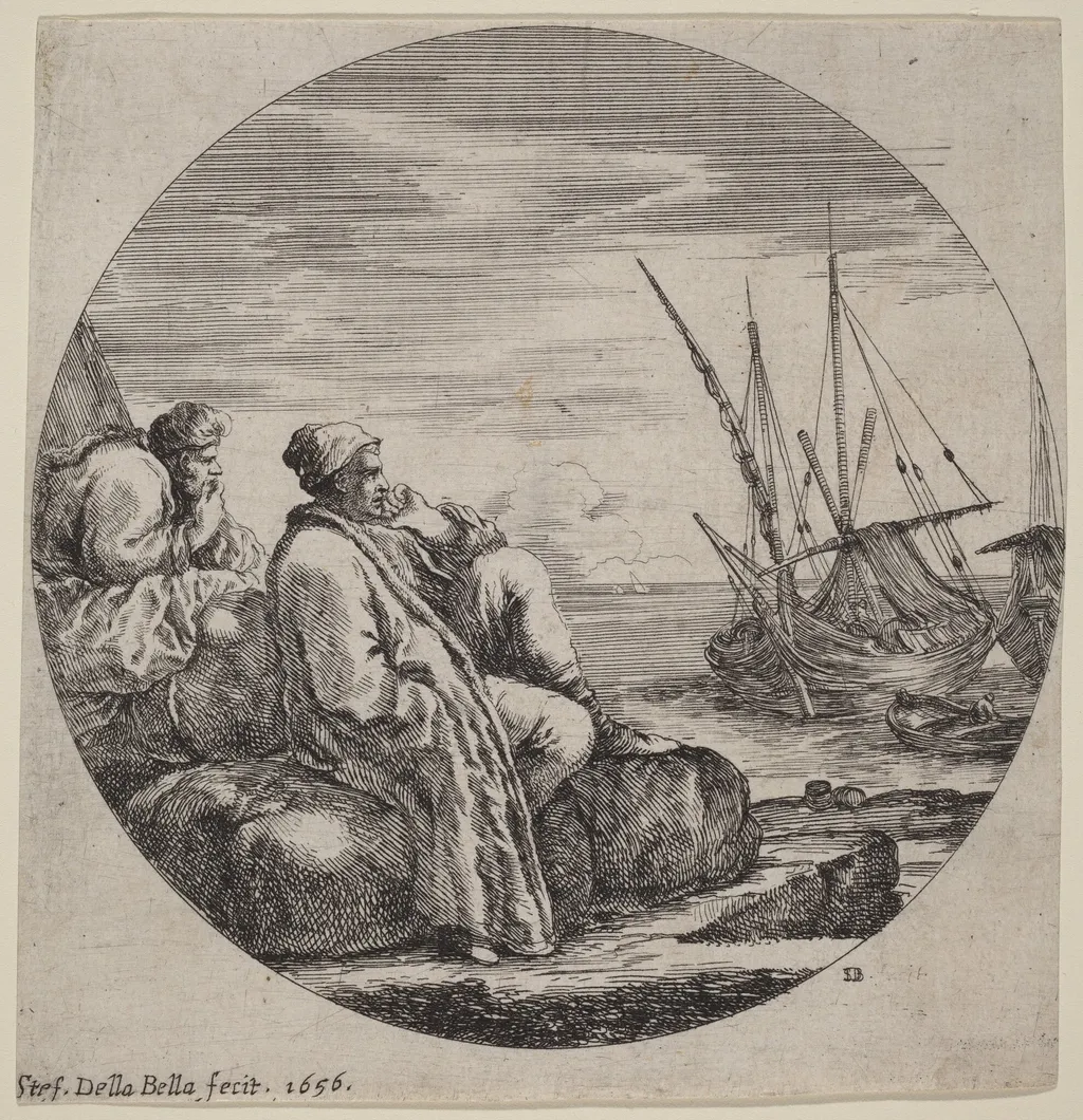 Seaport with Two Turkish Merchants, by Stefano Della Bella, ink, 1656