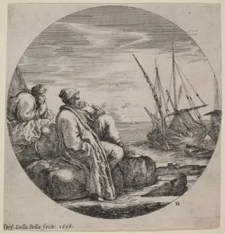 Seaport with Two Turkish Merchants, by Stefano Della Bella, ink, 1656