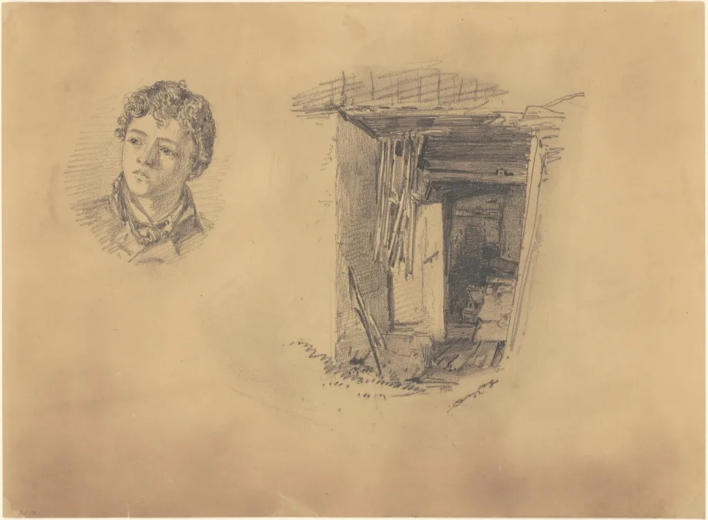 Head of a Boy; and the Entrance to a Shack, by John Singer Sargent, graphite, 1871