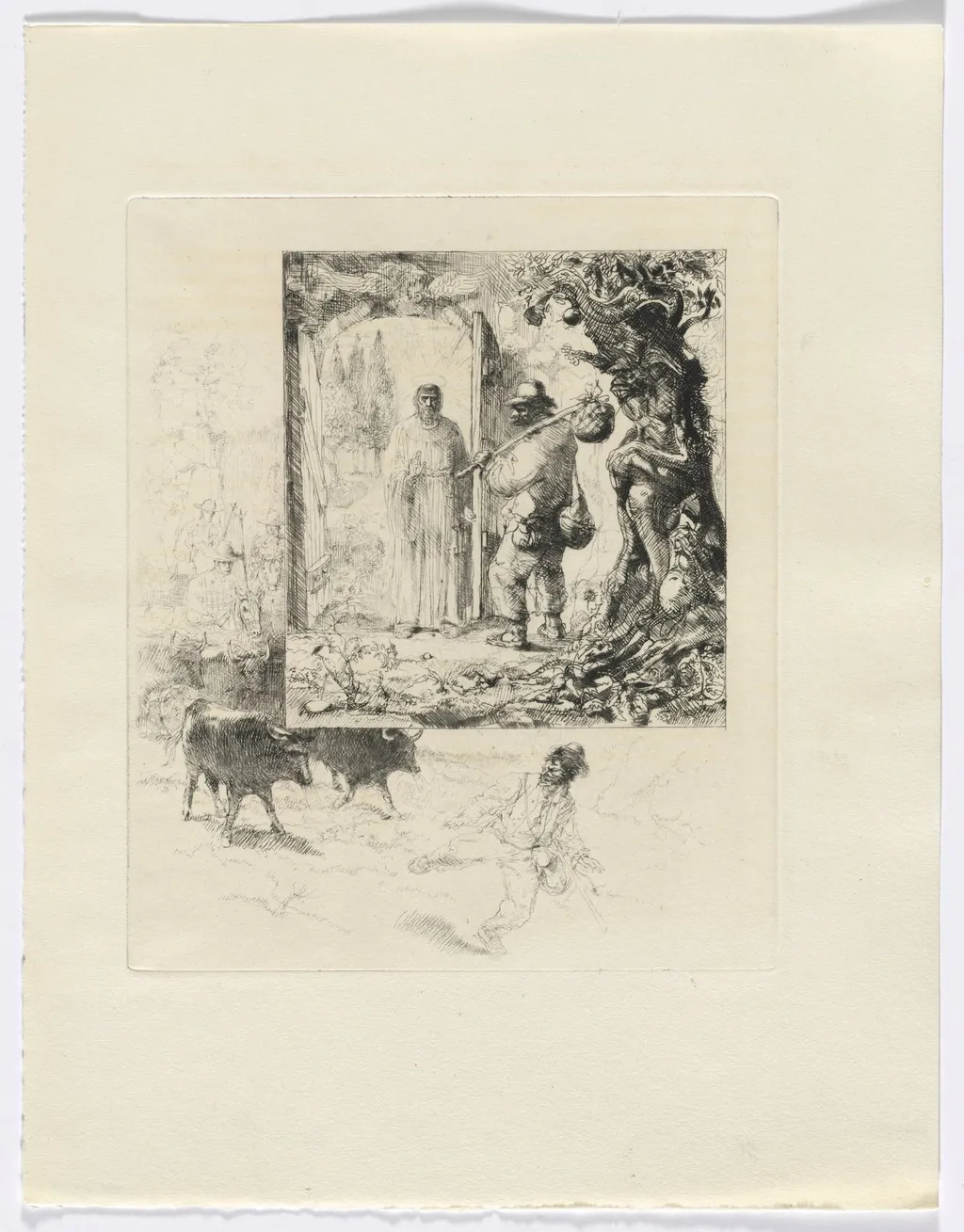 Frédéric Mistral: Mémoires et Recits by Frédéric Mistral: vagabond and monk/ landscape with cows (insert after 160), by Auguste Brouet, 1937