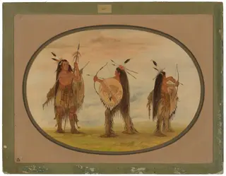 Three Mandan Warriors Armed for War, by George Catlin, oil, 1865