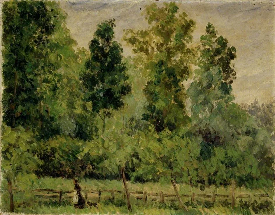 Wooded Landscape: A Woman walking with a Dog, detail