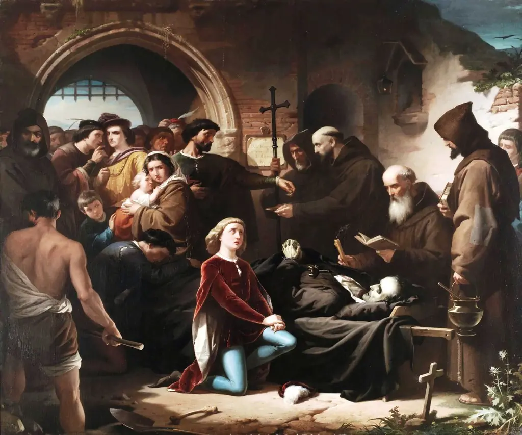Don Álvaro de Luna condestable y favorito del rey D. Juan II de Castilla decapitado públicamente en la Plaza Mayor de Valladolid el 2 de junio de 1453 es enterrado de limosna en el cementerio de los ajusticiados extramuros de dicha ciudad, by Eduardo Cano, oil, 1858
