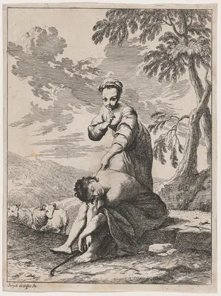 Sleeping Shepherd Tickled by a Shepherdess, by Giuseppe Maria Crespi, ink, 1736