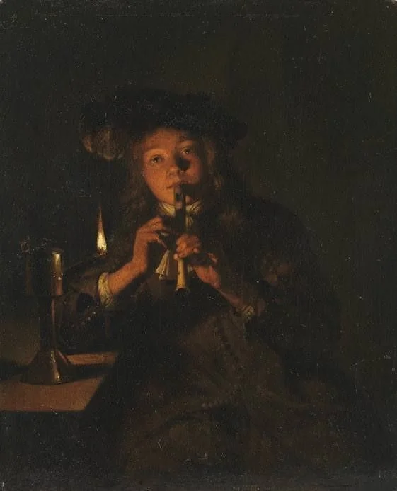 Boy Playing the Flute by Lamplight, detail