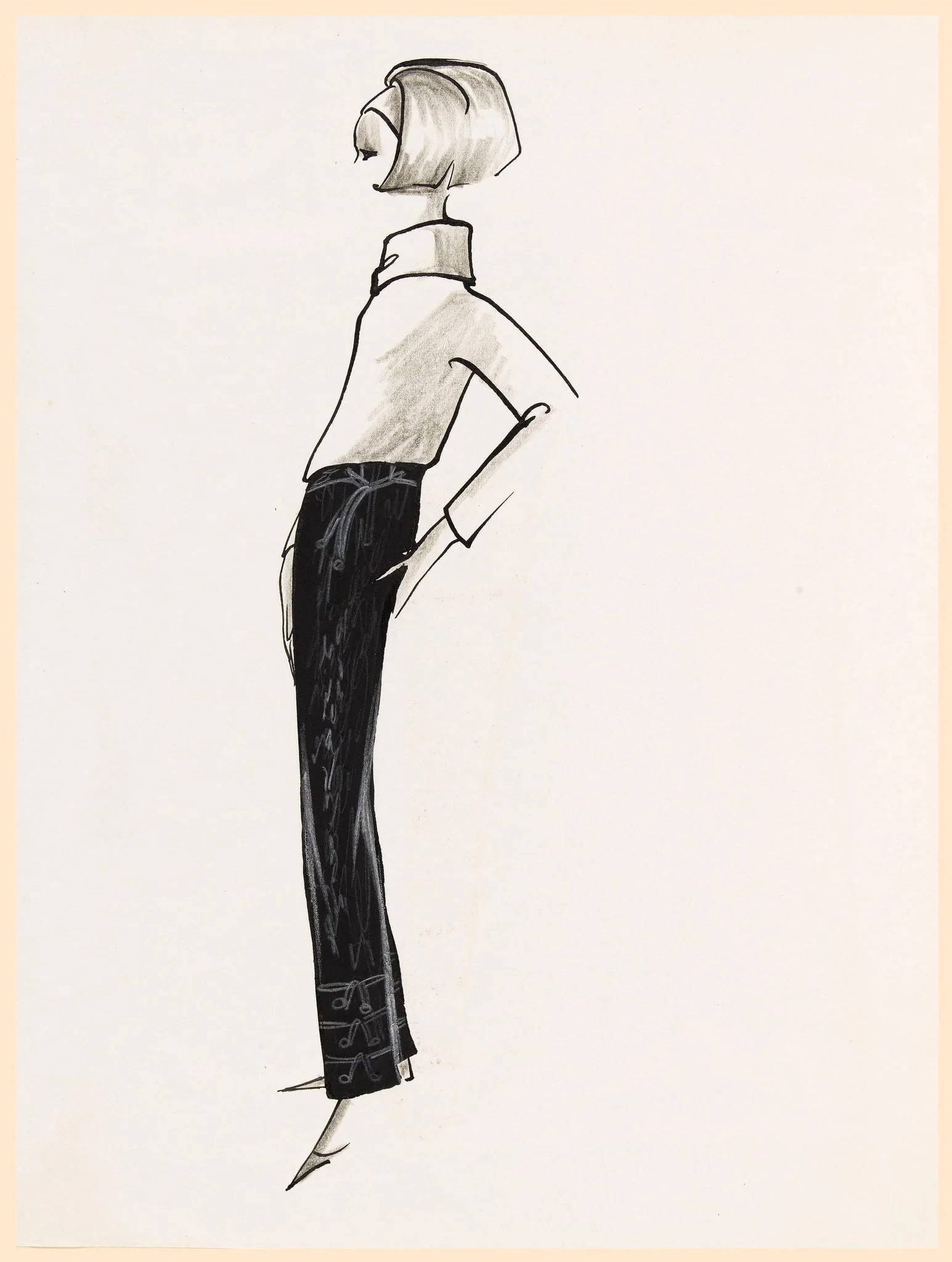 Pantalon noir avec applications sur le bas de la jambe, detail