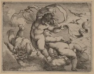 Three Flying Putti, by Cornelis Schut I, ink, 1626