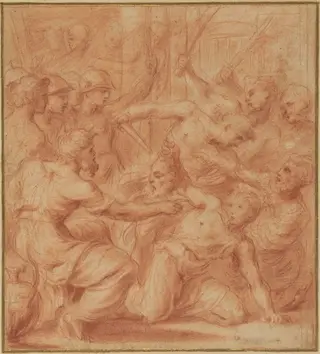 David Offering the Head of Goliath to King Saul, by Bartolomeo Biscaino, chalk, 1654