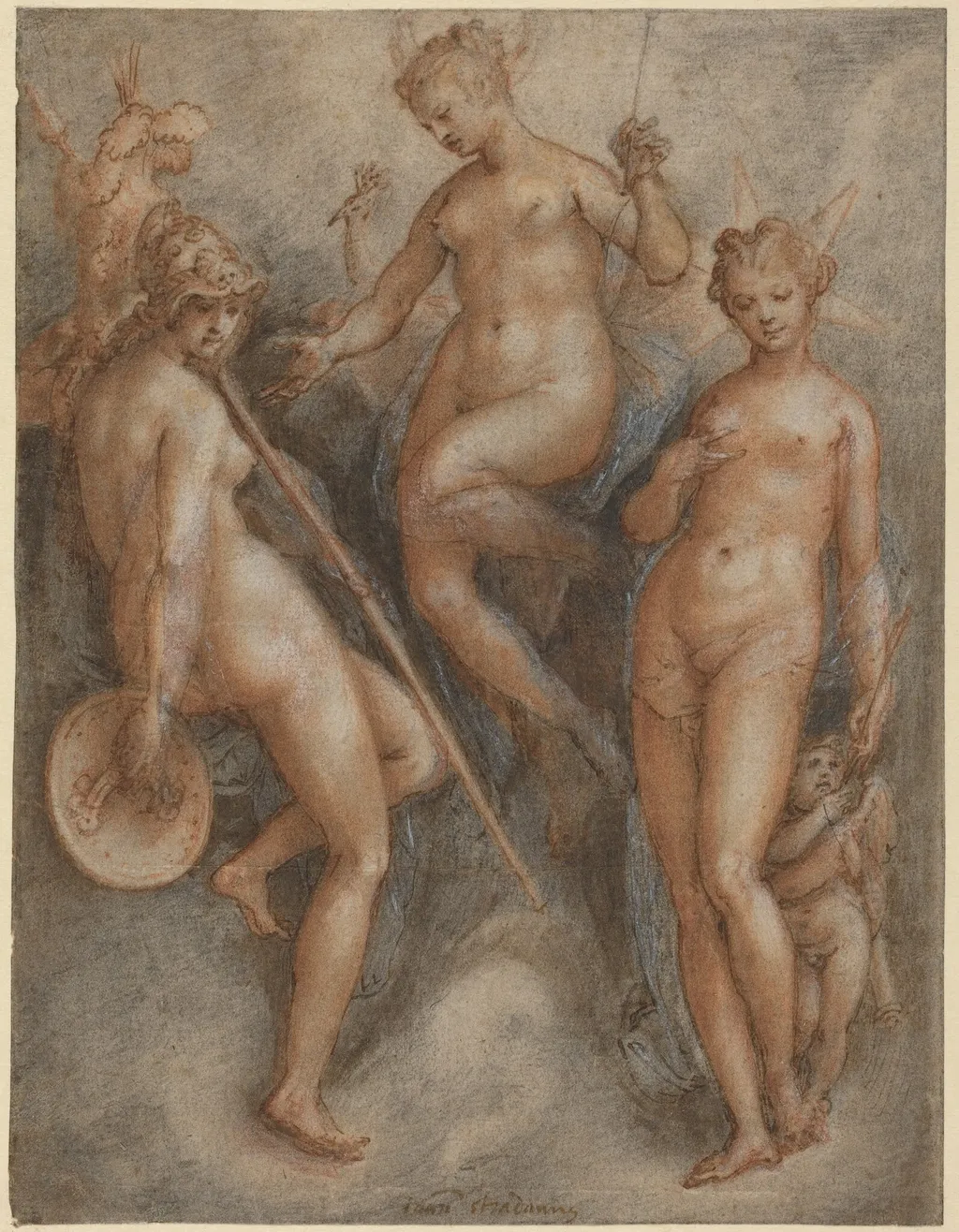 Three Goddesses: Minerva, Juno and Venus, by Jan van der Straet, ink, 1587