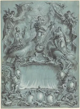 An Elaborate Rococo Setting with the Virgin and Child and Saints Defeating Evil, Heresy, and Profane Love, by Vitus Felix Rigl, ink, 1764