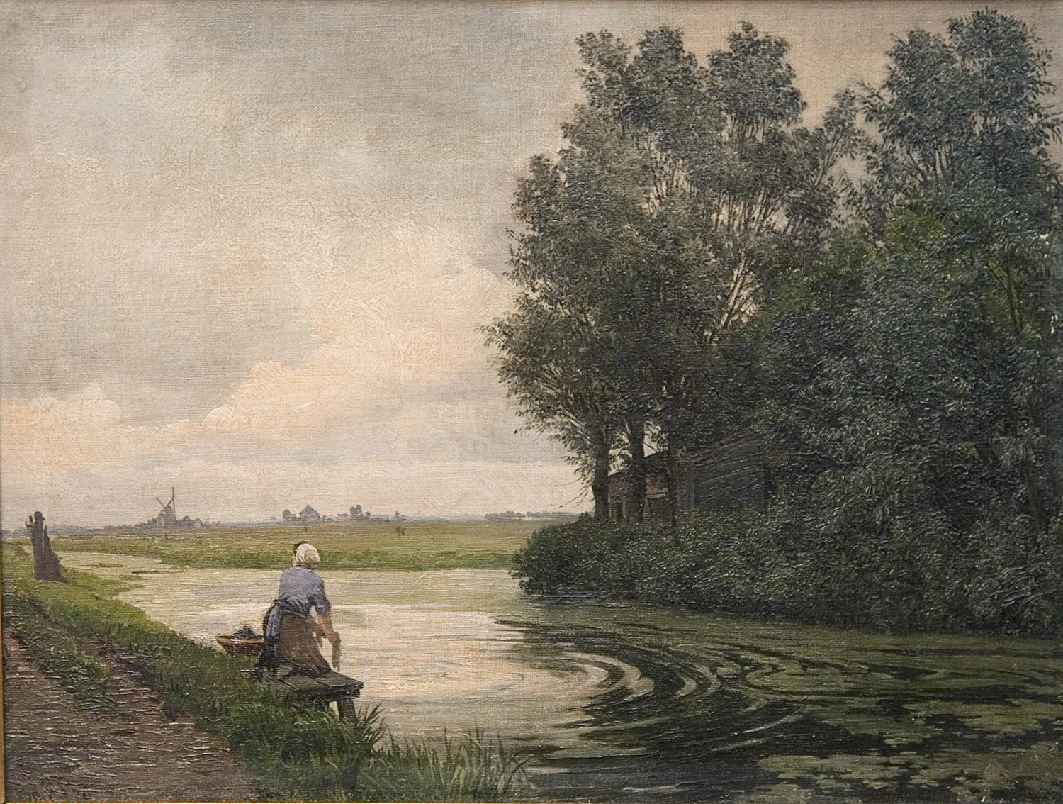 Hollandsk landskab. En pige vasker ved en kanal, detail