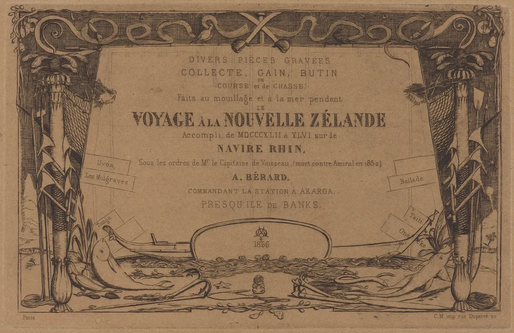Couverture du "Voyage à la nouvelle Zélande" (Cover for the Set of Etchings Entitled "A Voyage to New Zealand"), by Charles Meryon, ink, 1866