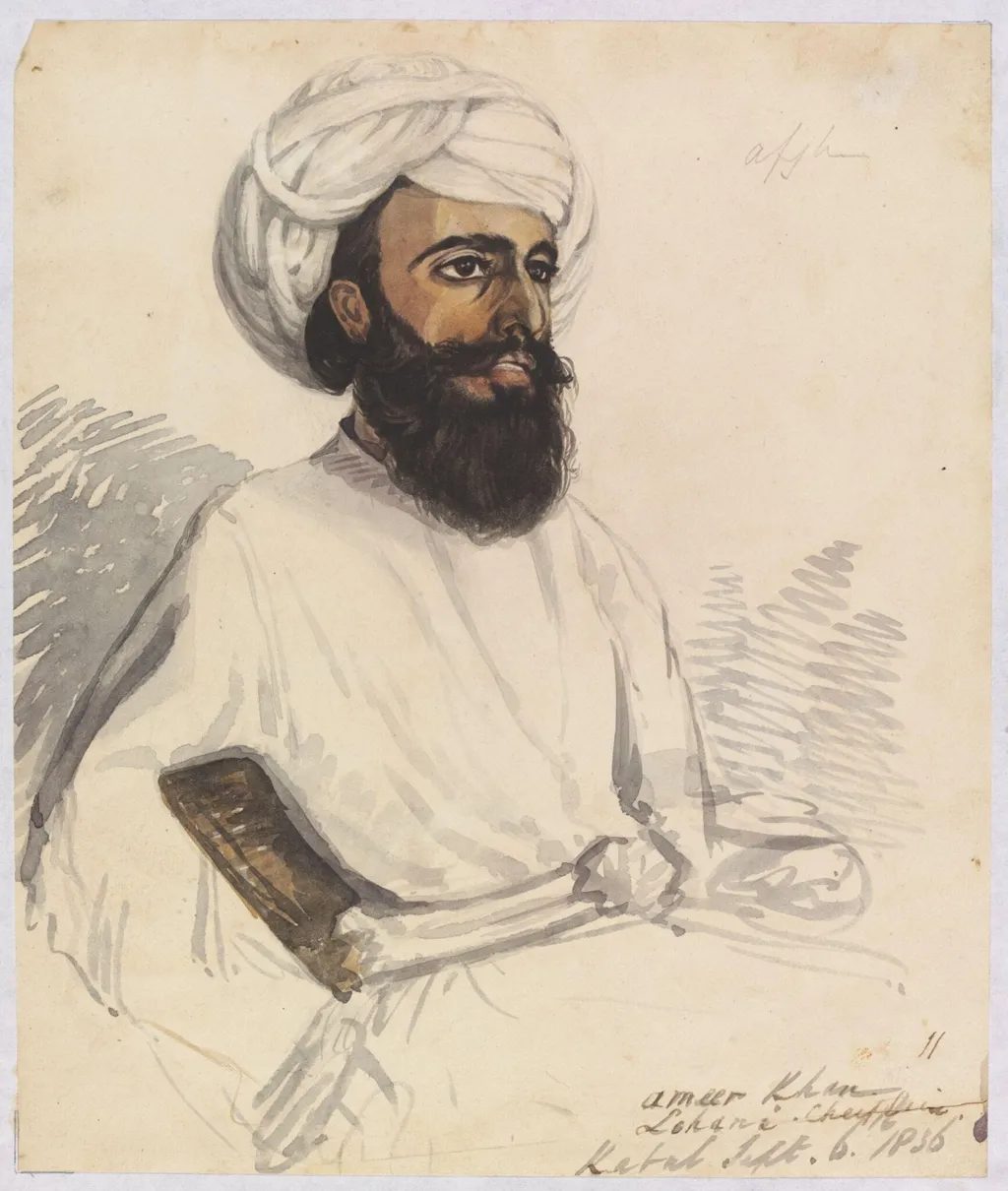 Ameer Khan  Lohani Cheiftain [sic], by Godfrey Thomas Vigne, watercolor, 1836