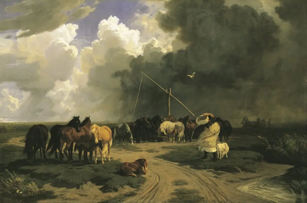 Horses in a Rainstorm, by Károly Lotz, oil, 1862