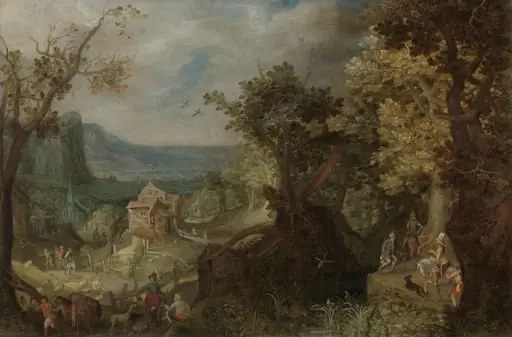 Hunter and Horsemen on a Wooded Road, with a Village in a Valley beyond, by Anton Mirou, unspecified, 1608