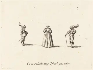 Lady Seen from Behind, and Two Gentlemen, by Jacques Callot, ink, 1634