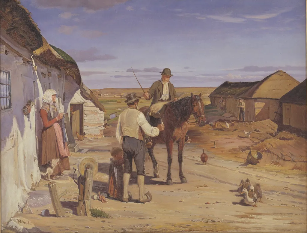 A Stranger Asking his Way at a Farm on the Moors, by Hans Smidth, oil, 1889