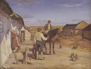 A Stranger Asking his Way at a Farm on the Moors, by Hans Smidth, oil, 1889