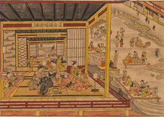 Tea House Beside the Kamo River in Kyoto, by Nishimura Shigenaga, 1744