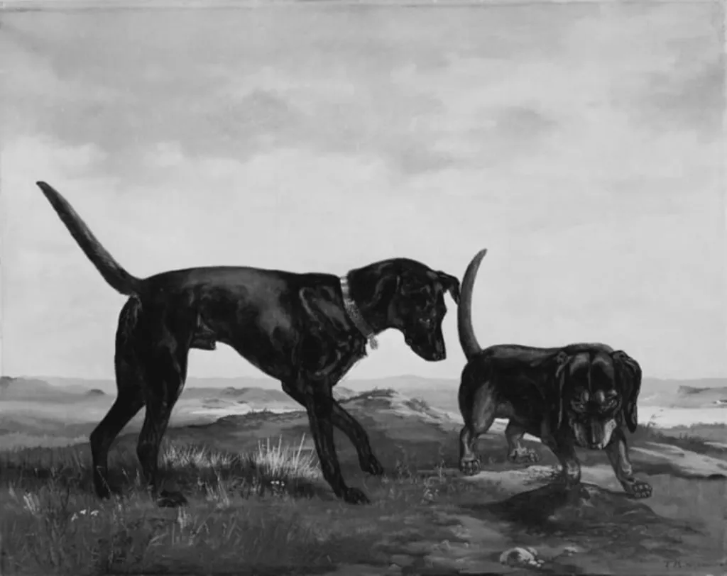 Et par hunde som opgraver et muldvarpeskud, by Theodor Julius Kiellerup, oil, 1838