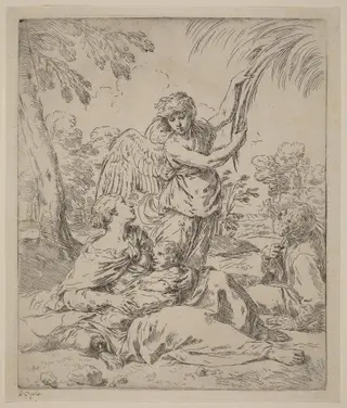 The Rest on the Flight into Egypt, by Simone Cantarini, ink, 1639