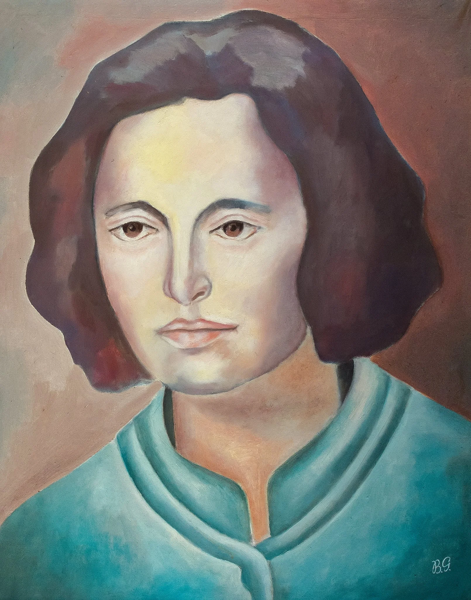 Tablou, ulei pe pânză, portret Elena Ceaușescu, semnat dreapta jos B.G. Comandat și oferit de Comitetul Județean de Partid Caraș Severin, 6 ianuarie 1979., detail