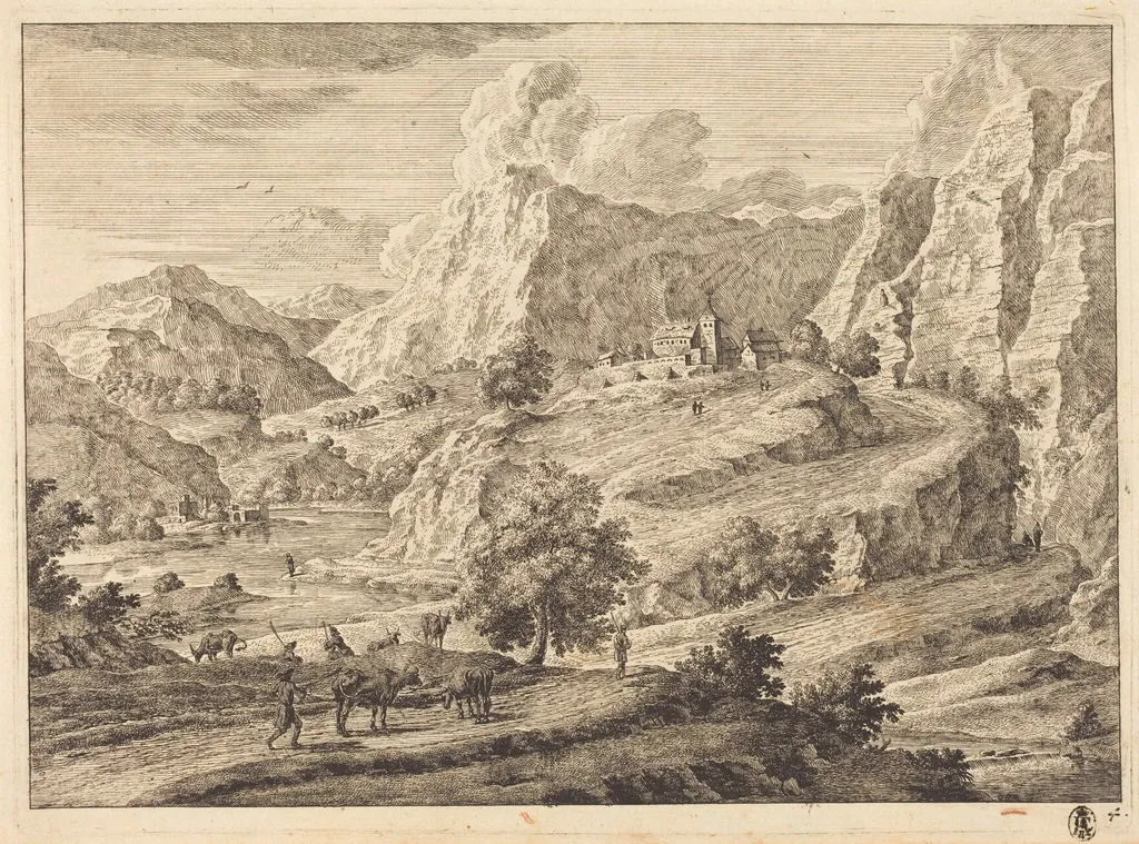 Mountainous Landscape with Figures and a Monastary, by Georg Eisenmann, ink, 1772