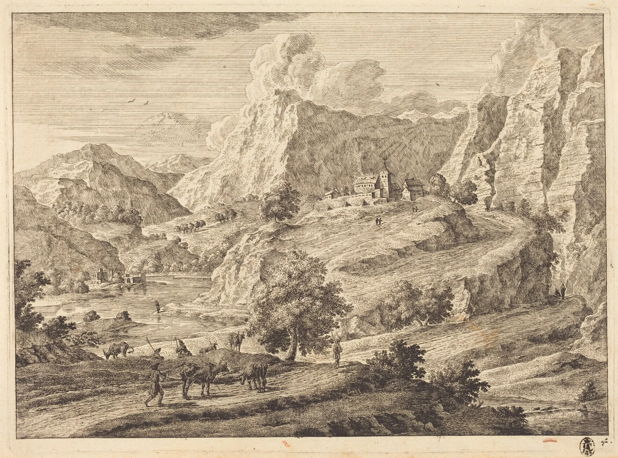 Mountainous Landscape with Figures and a Monastary, detail