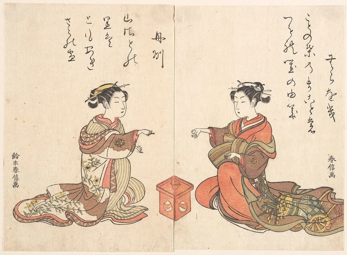 青楼美人合|Two Girls Play the Finger Game of Kitsume Ken, detail