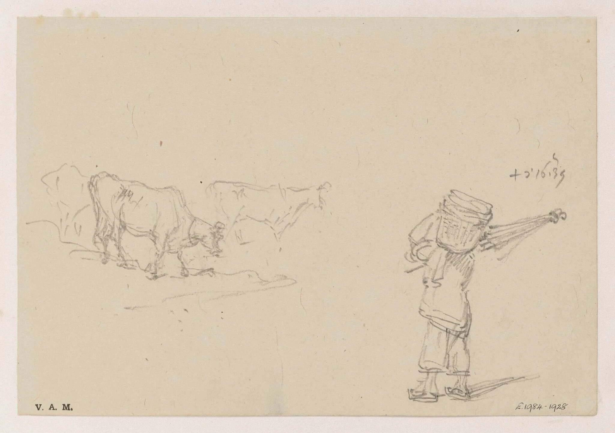 Cows, and a figure carrying a basket, detail