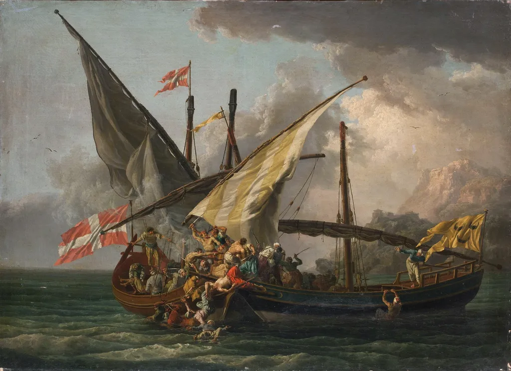 Sea Sattle: Grappling with a Ship, by Pierre-Jacques Volaire, oil, 1765