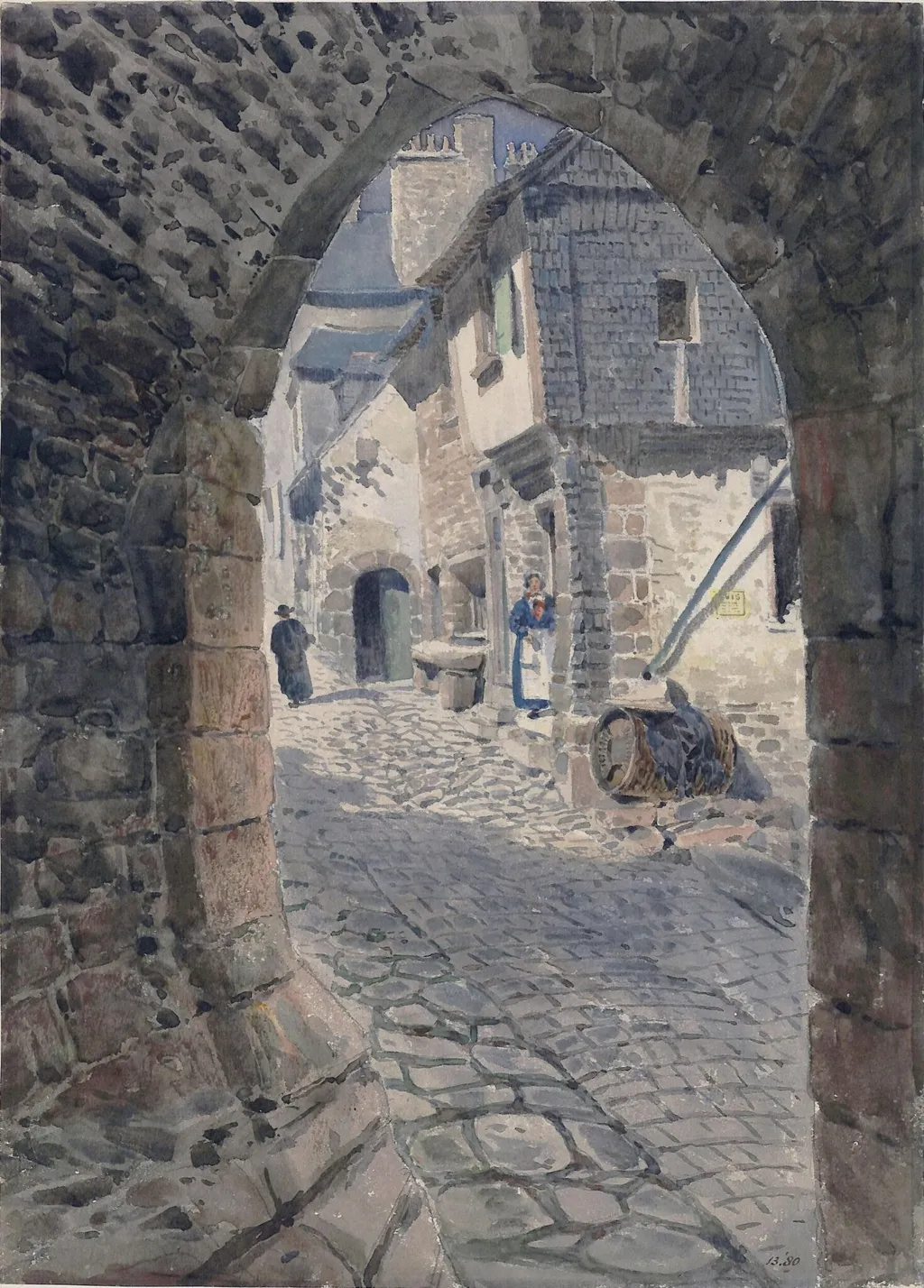 Gateway and houses at Mont St. Michel, Normandy, by Walter Paris, watercolor, 1850