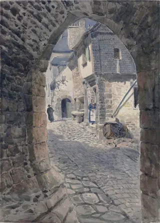 Gateway and houses at Mont St. Michel, Normandy, by Walter Paris, watercolor, 1850