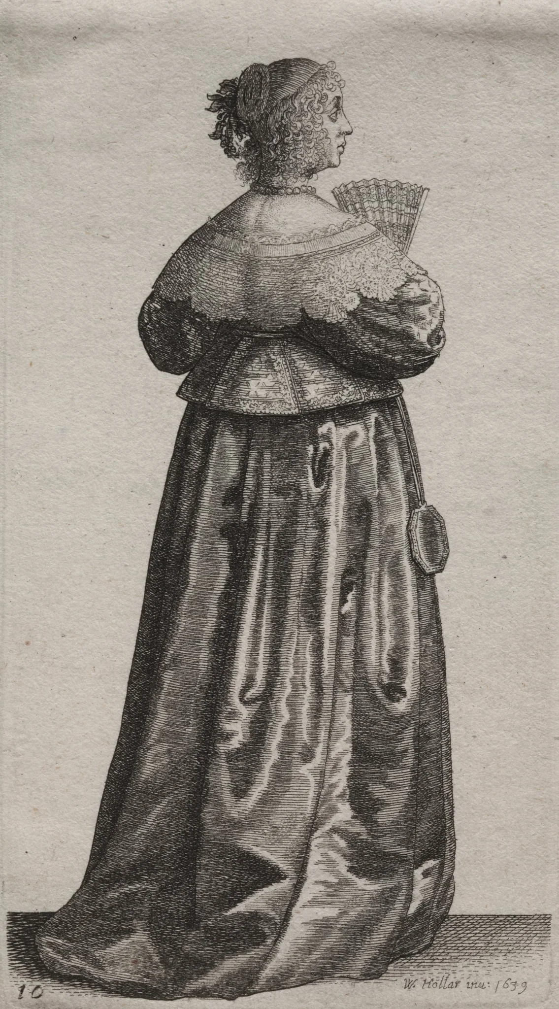 The Several Habits of English Women, from the Nobility to the Country Women as they are in these times: The Woman with a Fan and Mirror, detail