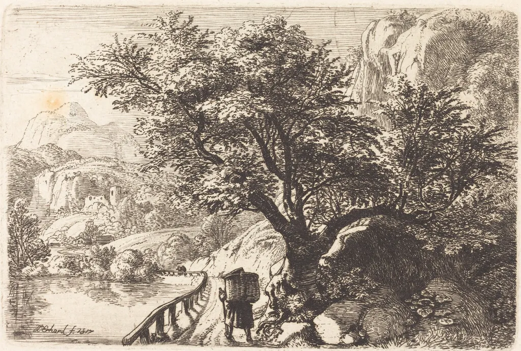 Peasant Walking along a River, by Johann Christoph Erhard, ink, 1817