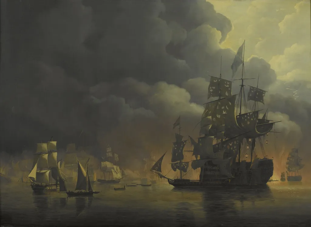 The Anglo-Dutch Fleet under Lord Exmouth and Vice Admiral Jonkheer Theodorus Frederik van Capellen putting out the Algerian Strongholds, 27 August 1816, by Nicolaas Baur, oil, 1818