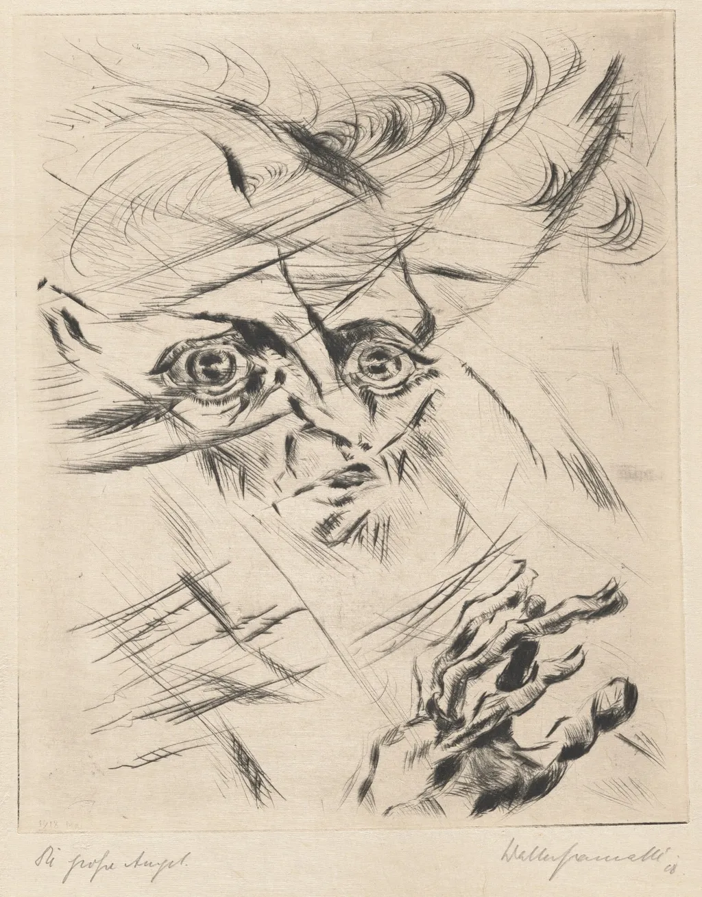 The Great Anxiety (Self-Portrait, in Three-Quarter Profile to the Right) (Die große  Angst [Selbstportrat, Kopf im Halbprofil nach rechts]), by Walter Gramatté, ink, 1918
