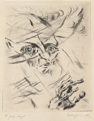 The Great Anxiety (Self-Portrait, in Three-Quarter Profile to the Right) (Die große  Angst [Selbstportrat, Kopf im Halbprofil nach rechts]), by Walter Gramatté, ink, 1918