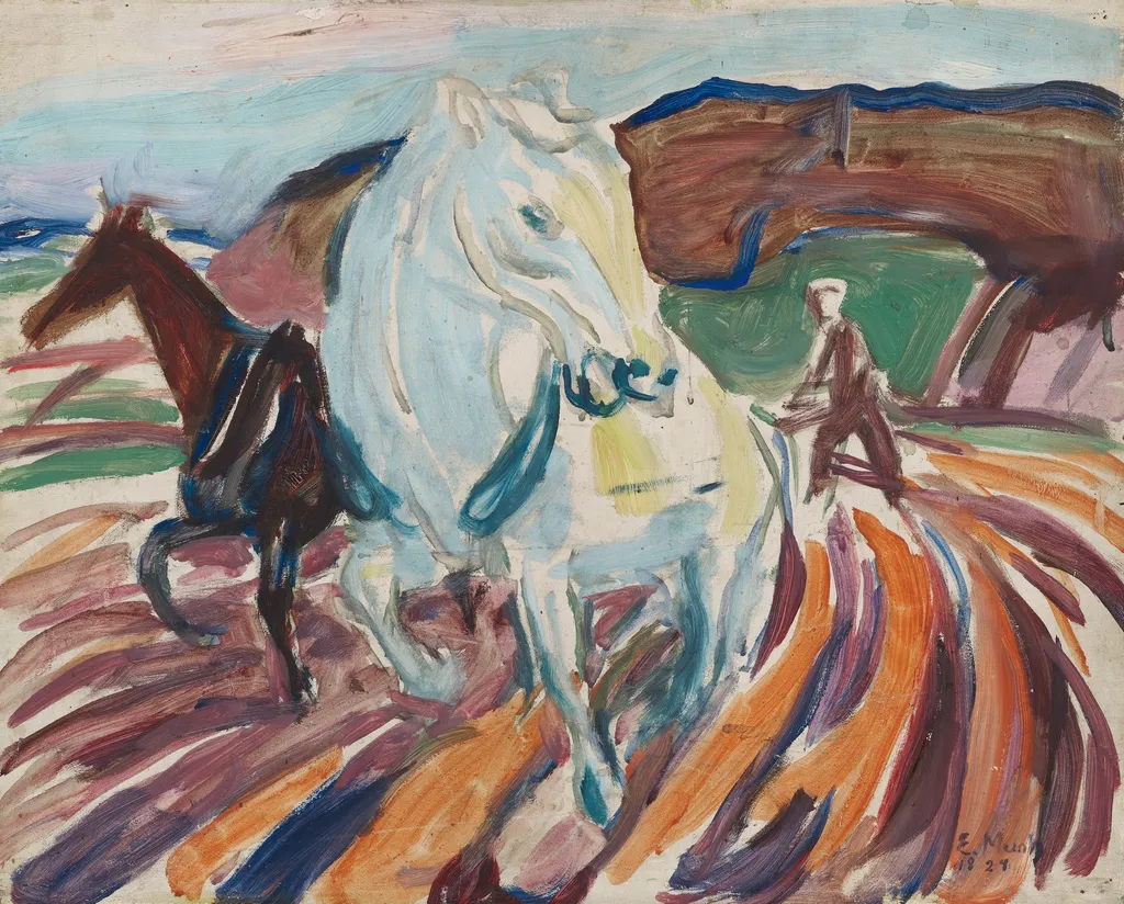 Horses Ploughing, by Edvard Munch, oil, 1929