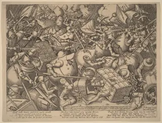 The Battle of the Moneybags and the Strongboxes, by Pieter van der Heyden, ink, 1552