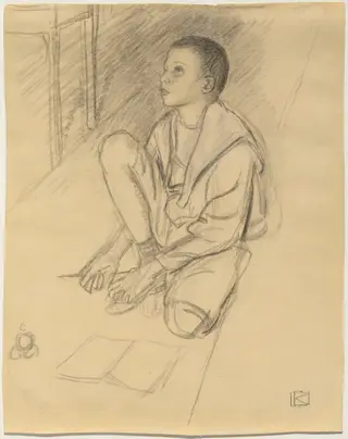 The Artist's Son Wolf Crouching on the Floor, by Leopold von Kalckreuth, charcoal, 1900