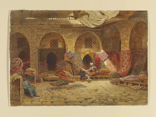 Carpet Merchant's Shop Cairo, by Harry Sutton Palmer, watercolor, 1873