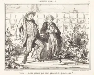 Tiens... notre jardin... produit des perdreaux!..., by Honoré Daumier, ink, 1857