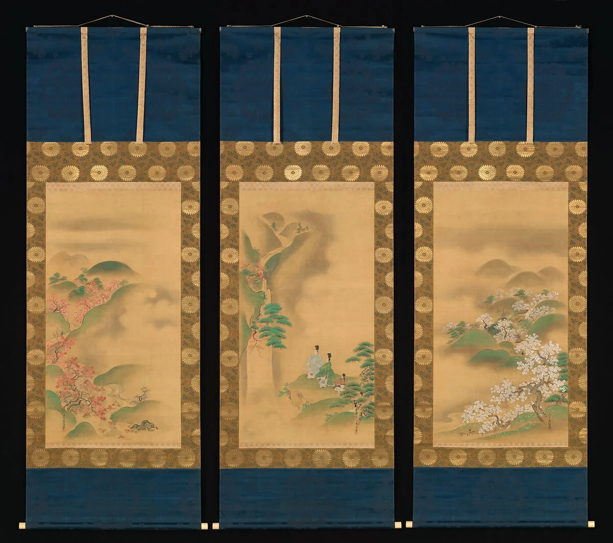 狩野常信筆 滝見業平図|Nunobiki Waterfall, Mount Yoshino, and Tatsuta River, detail