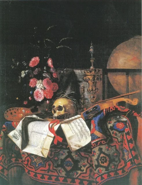 Vanitas still life with bouquet of flowers, painters palette, globe, violin and acorn cup, detail