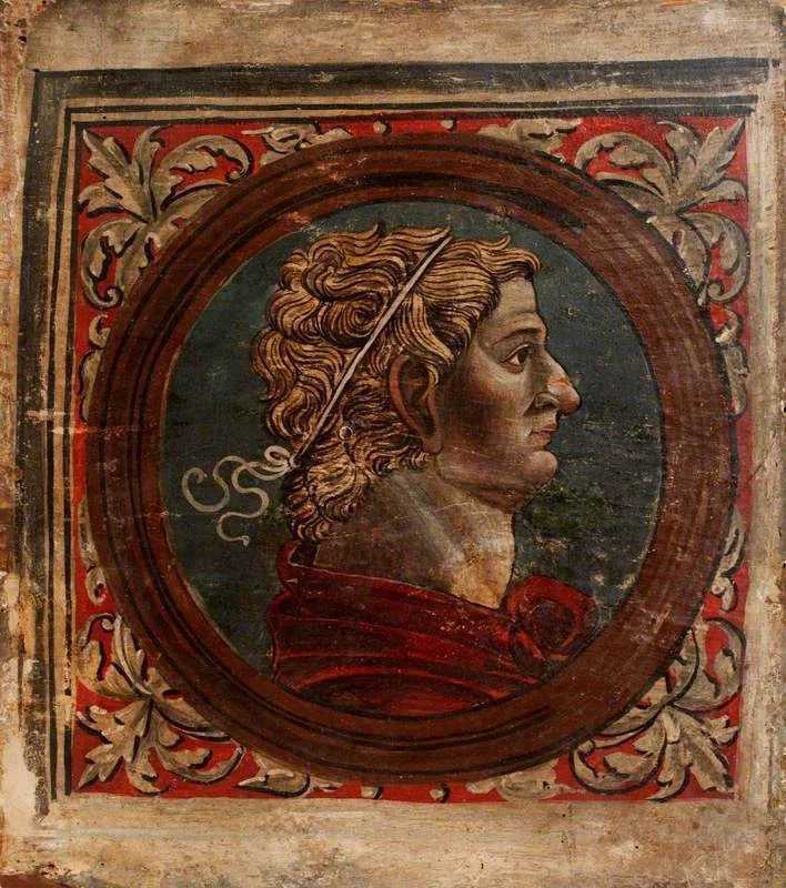 Profile Bust of a Roman Emperor Facing Right (one of 29 painted panels from a frieze), detail