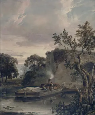 Barges Passing a Bridge, by Copley Fielding, watercolor, 1818